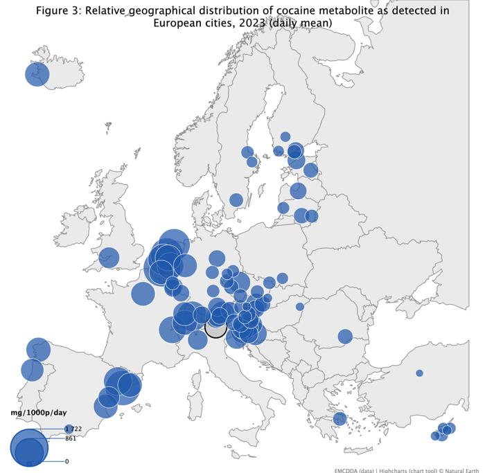 La carta che indica la distribuzione dei residui di cocaina in Europa in base ai dati del 2023. Fonte The European Monitoring Centre for Drugs and Drug Addiction (EMCDDA) carta-distribuzione-cocaina-acque reflue-europa
