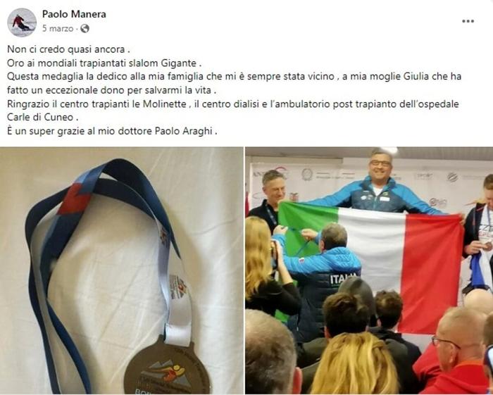 Il post di Paolo Manera su Facebook per festeggiare la vittoria ai mondiali di sci trapiantati di Bormio