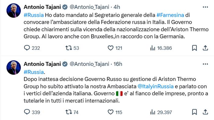 Il post del ministro degli Esteri Antonio Tajani su X sul caso Ariston Tajani ariston