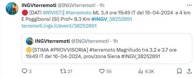 Terremoto Poggibonsi Siena oggi 16 aprile 2024 Foto X Terremoto Poggibonsi Siena oggi 16 aprile 2024 Foto X