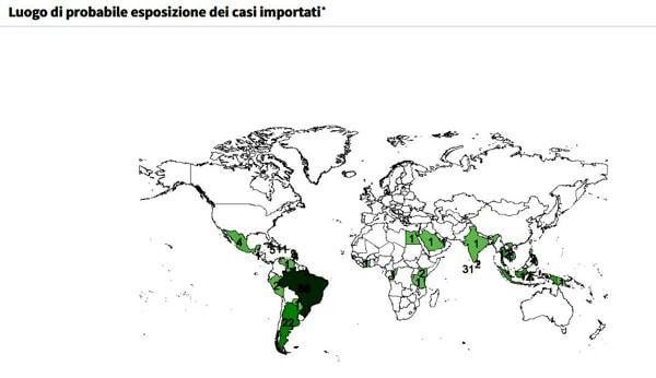 Contagi Dengue - maggio 2024 - luoghi di importazione - fonte Iss Dengue - maggio 2024- importazione - fonte Iss