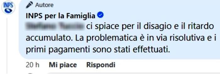 Il messaggio dell'Inps in risposta a un utente su Facebook Il messaggio dell'Inps in risposta a un utente su Facebook