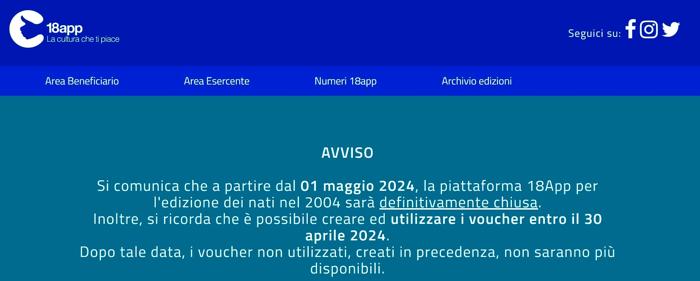 L'avviso che compare sul sito 18app L'avviso che compare sul sito 18app