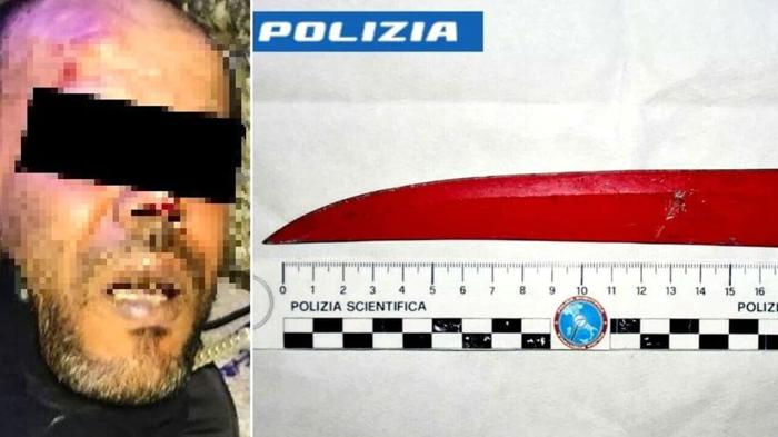 L'uomo arrestato e il coltello usato per l'aggressione