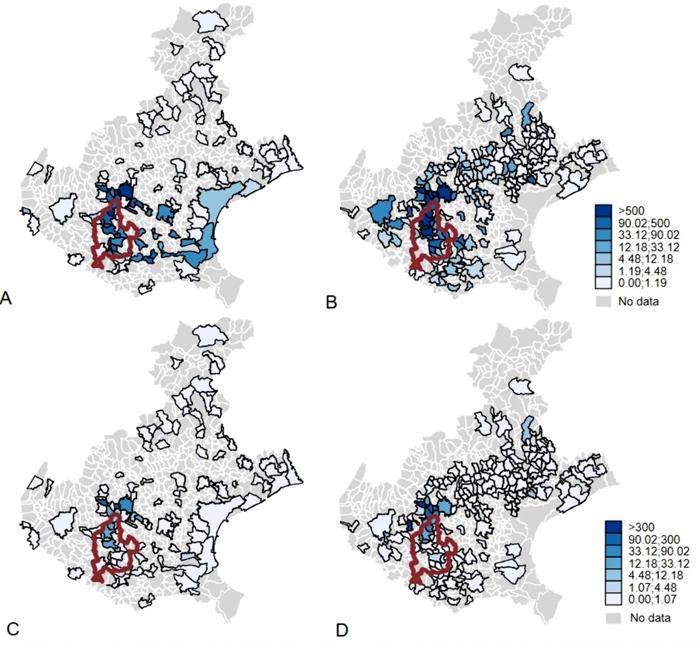 L'area inquinata dai pfas nelle acque superficiali (pannelli di sinistra A e C ) e nelle acque sotterranee (pannelli di destra B e D) e l'area rossa mappa pfas veneto