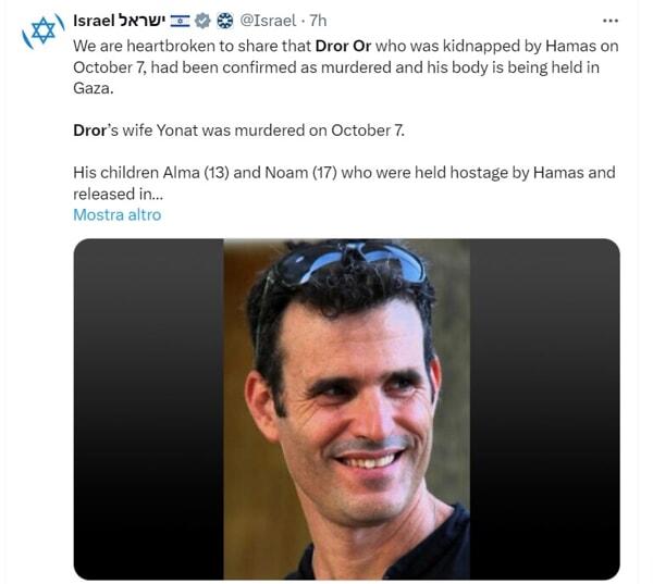 Il post del governo israeliano su X post del governo israeliano su X