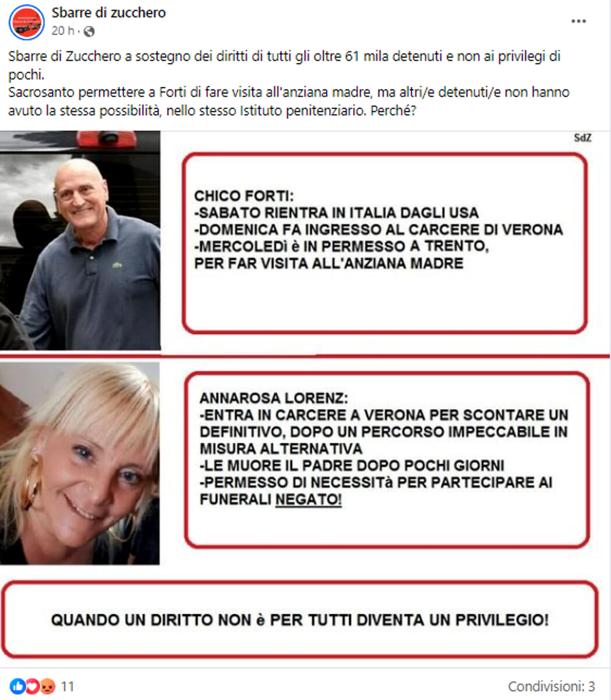 Il post facebook dell'associazione SBARRE_ZUCCHERO