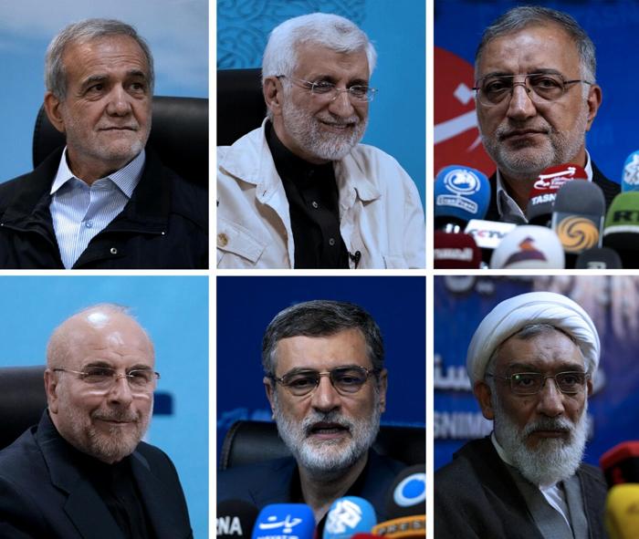 I candidati presidenziali Masoud Pezeshkian, Saeed Jalili, Alireza Zakani, Mohammad Bagher Qalibaf, Amirhossein Ghazizadeh Hashemi, Mostafa Pourmohammadi (LaPresse) 22361049_medium