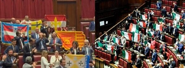 approvazione ddl autonoia differenziata. A destra le opposizioni (foto LaPresse) a sinistra la LEga (screen da video X) approvazione ddl autonoia differenziata. A destra le opposizioni (foto LaPresse) a sinistra la LEga (screen da video X)