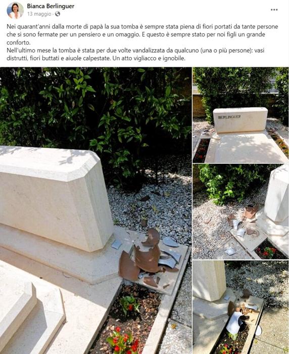 Il post Facebook di Bianca Berlinguer con le foto della tomba del padre Il post Facebook di Bianca Berlinguer con le foto della tomba del padre vandalizzata