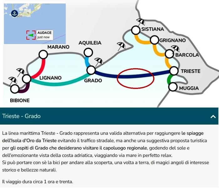 Il percorso della nave e nel cerchio rosso la zona dell'incidente Il percorso della nave e nel cerchio rosso la zona dell'incidente