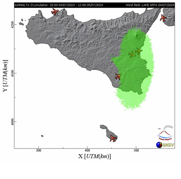 Le previsioni sullo spostamento della nube di cenere Le previsioni sullo spostamento della nube di cenere dell'eruzione dell'Etna a Catania