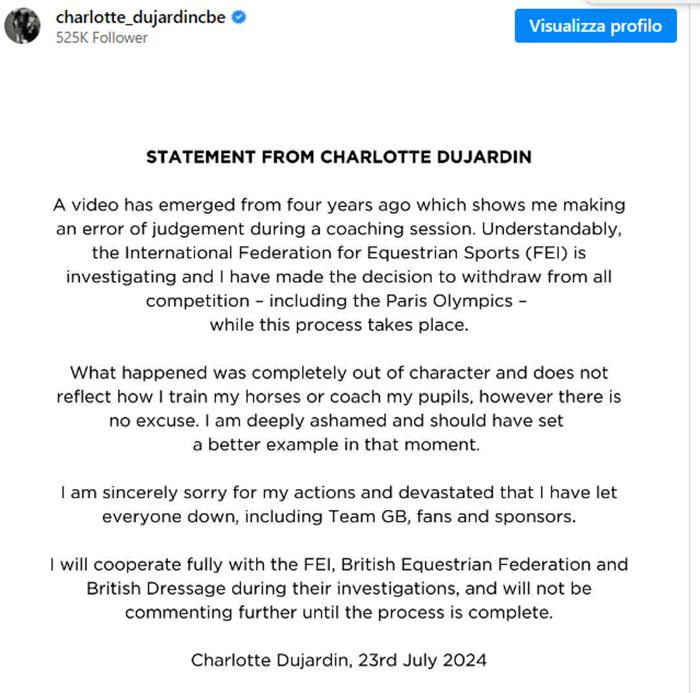 L'annuncio di Charlotte Dujardin Post Intagram