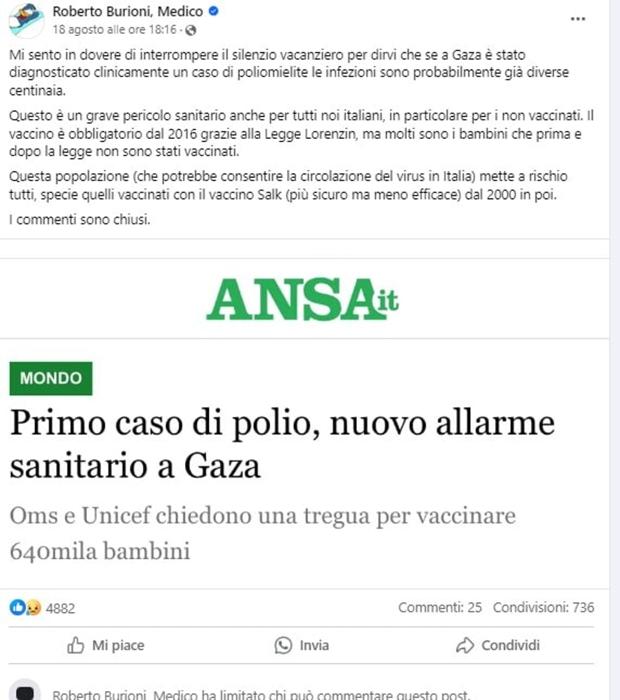 Il post Facebook di Roberto Burioni BURIONI