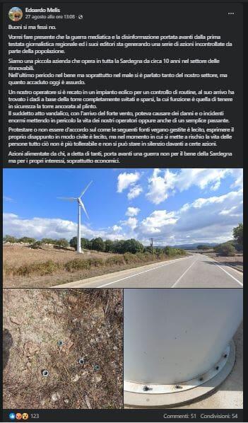 Vandalizzata pala eolica nel Nuorese, post Edoardo Melis - Facebook Vandalizzata pala eolica nel Nuorese, post Edoardo Melis - Facebook