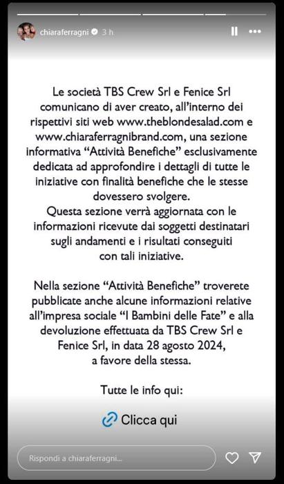 Chiara Ferragni prima donazione I Bambini delle Fate - Instagram Chiara Ferragni prima donazione I Bambini delle Fate - Instagram