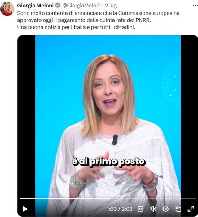 Il video in cui Meloni afferma che l'Italia è prima in Europa nella spesa Pnrr Il video in cui Meloni afferma che l'Italia è prima in Europa nella spesa Pnrr