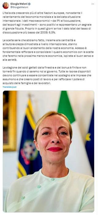 Post Giorgia Meloni crescita pil 2° trimestre 2024 - X Post Giorgia Meloni crescita pil 2° trimestre 2024 - X