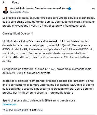 Post Michele Geraci su pil Italia 2° trimestre 2024 - X Post Michele Geraci su pil Italia 2° trimestre 2024 - X