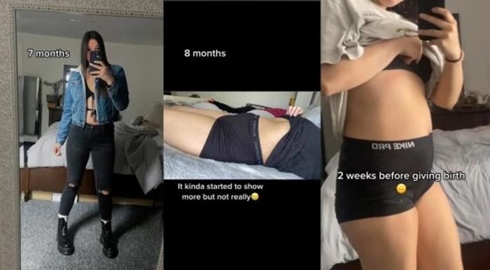 La 22enne Nikki Salazar mostra il ventre piatto negli ultimi tre mesi di gravidanza. Credit: @nikkisalazar_ via TikTok woman-no-bump-pregnancy-7-9-mc-240711-copy-e00dbf