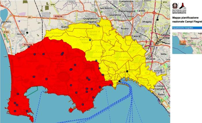 Mappa del piano di evacuazione della Protezione civile nei Campi Flegrei: nella zona rossa vivono mezzo milione di residenti mappa rischio terremoti campi flegrei protezione civile