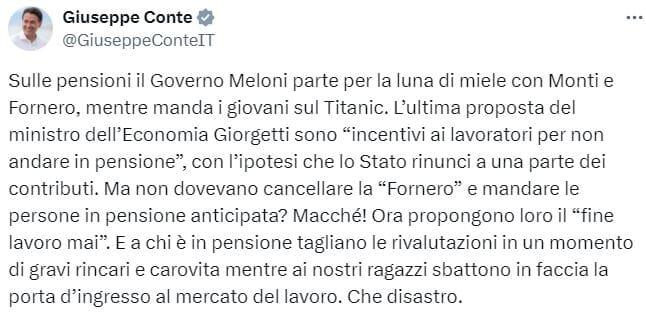 Post di Giuseppe Conte sulla proposta di Giorgetti sulle pensioni - X Post di Giuseppe Conte sulla proposta di Giorgetti sulle pensioni - X
