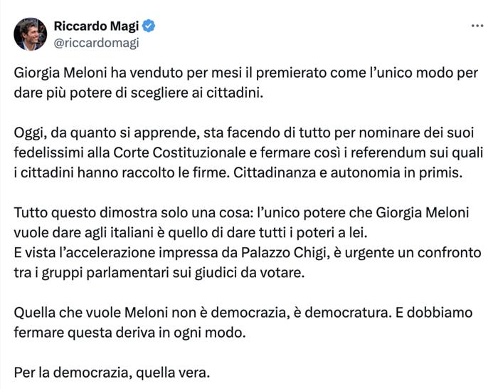 Riccardo Magi, leader di +Europa, su X