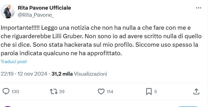 Il post di Rita Pavone Il post di Rita Pavone