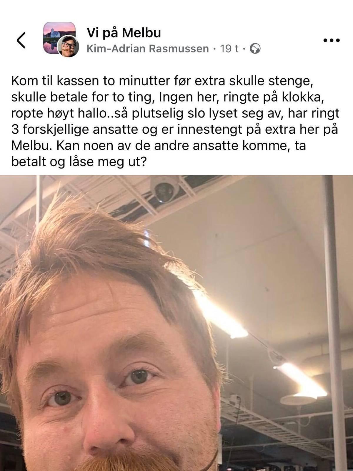 Facsimile: Kim-Adrian Rasmussen / Kim-Adrian Rasmussen Schermata di un post su Facebook con un selfie di un uomo con i baffi in un negozio chiuso. (La descrizione dell’immagine è stata generata da un servizio di IA)