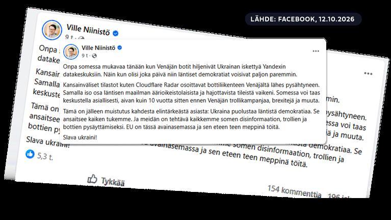 None L’immagine è tratta da un post sui social media di Ville Niinistö, in cui scrive che l’attacco ucraino ha ridotto l’attività dei bot russi.