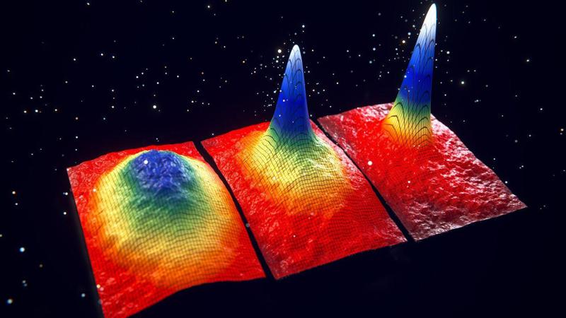 Tre mappe 3D che mostrano picchi di diversi colori su uno sfondo nero