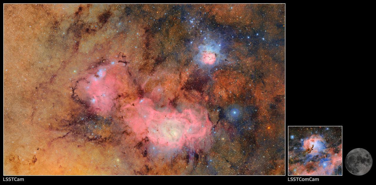 due immagini del Vera C. Rubin Observatory a confronto con le dimensioni relative della Luna piena
