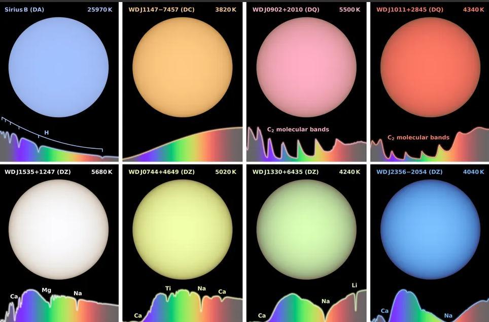 Colori calcolati per diverse nane bianche.