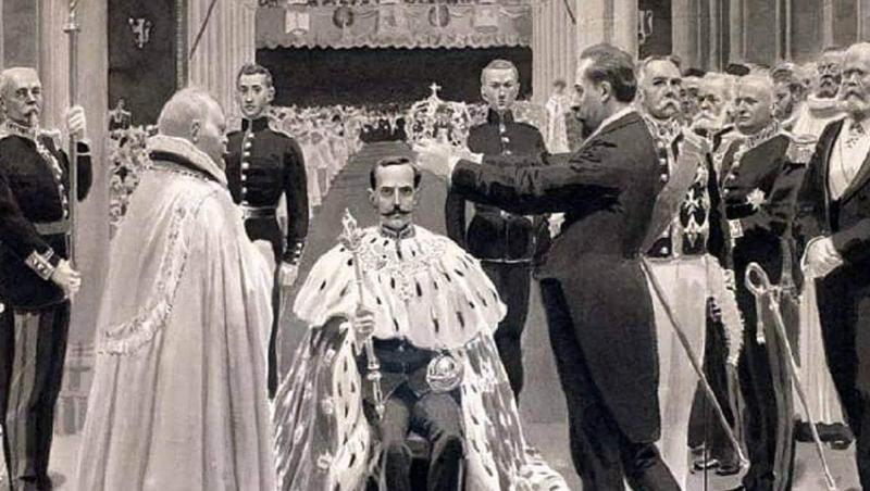 Foto: Andreas Bloch, Stortingsarkivet Il primo ministro Christian Michelsen posa la corona sul capo di re Haakon