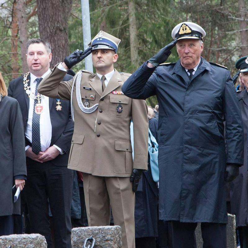 Foto: Fagerthun, Bodil Kristine / NTB,NTB Re Harald e il polacco Andrzej Duda sono insieme ad altre persone durante una commemorazione presso un cimitero. (La descrizione dell’immagine è stata generata da un servizio di IA)