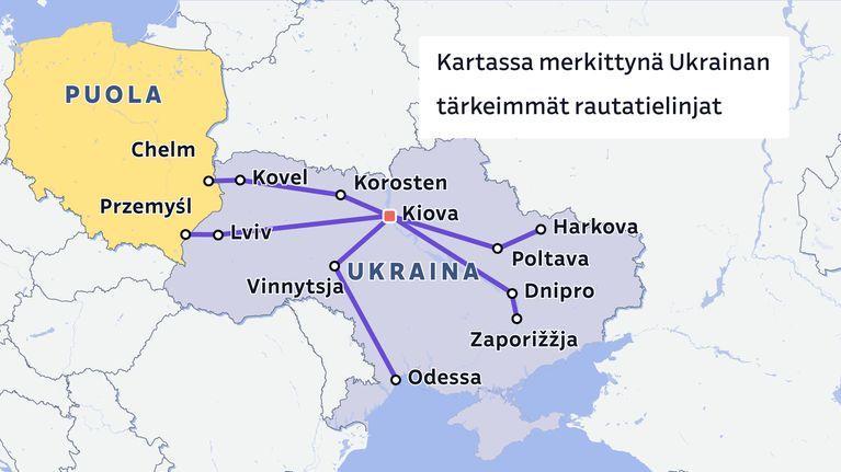 None La mappa mostra il confine tra Ucraina e Polonia e le principali linee ferroviarie tra le città ucraine. Nell’immagine compare il testo: «Le principali linee ferroviarie ucraine indicate sulla mappa».