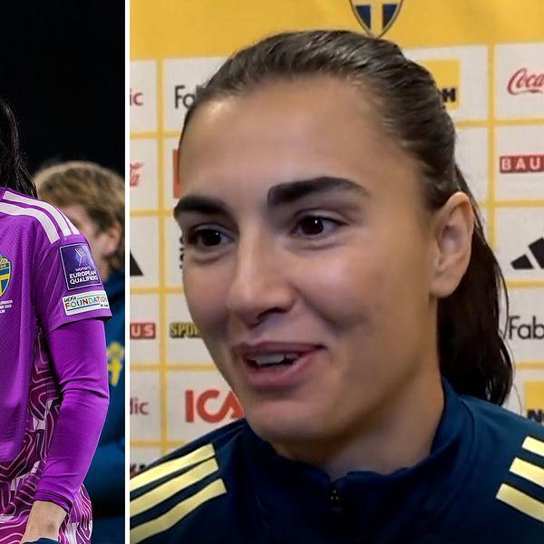 Foto: Bildbyrån & SVT Zećira Mušović intervistata dopo la vittoria per 10-0 della Svezia, con le compagne di squadra sullo sfondo