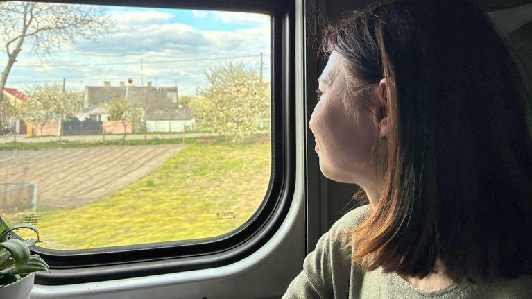 None Una donna guarda fuori dal finestrino del treno.