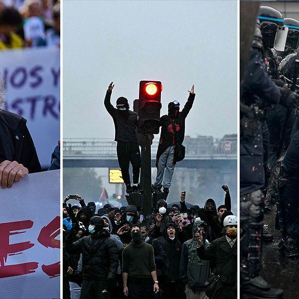 Foto: OSCAR DEL POZO/AFP, SAMEER AL-DOUMY/AFP, NICOLAS TUCAT/AFP Proteste in Europa: manifestanti, un’attivista solitaria e polizia antisommossa in tre scene