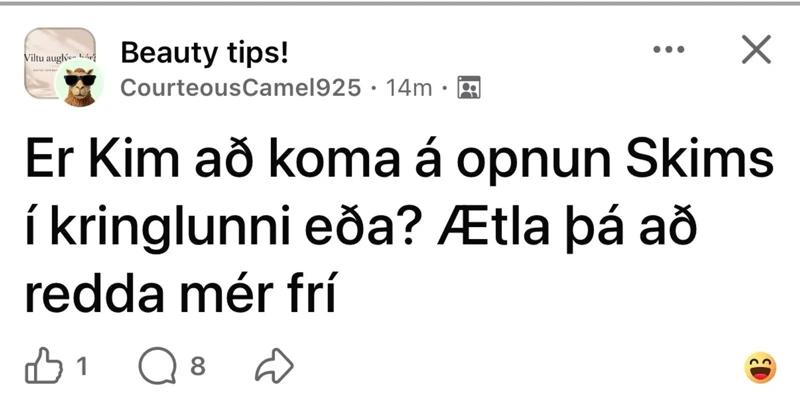 Schermata di un post di Beauty tips! sull’apertura di Skims in Islanda.
