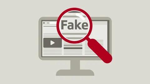 None Illustrazione di uno schermo di computer con una grande lente d’ingrandimento rossa sopra la parola «Fake».