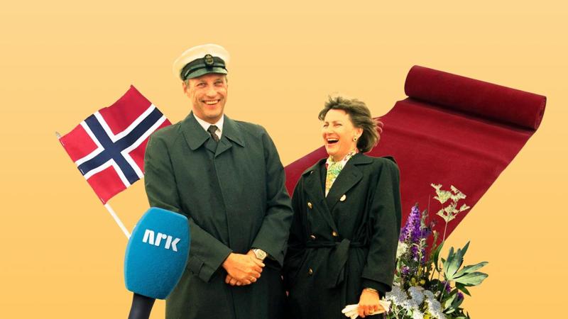 Grafica: Susanne Stubberud Rom / NRK Collage con re Harald e la regina Sonja, bandiera norvegese, microfono NRK e tappeto rosso